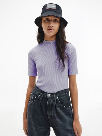 Calvin Klein Ruhák HU178139 | Calvin Klein Logo Collar Rib-Knit Női Póló Lila